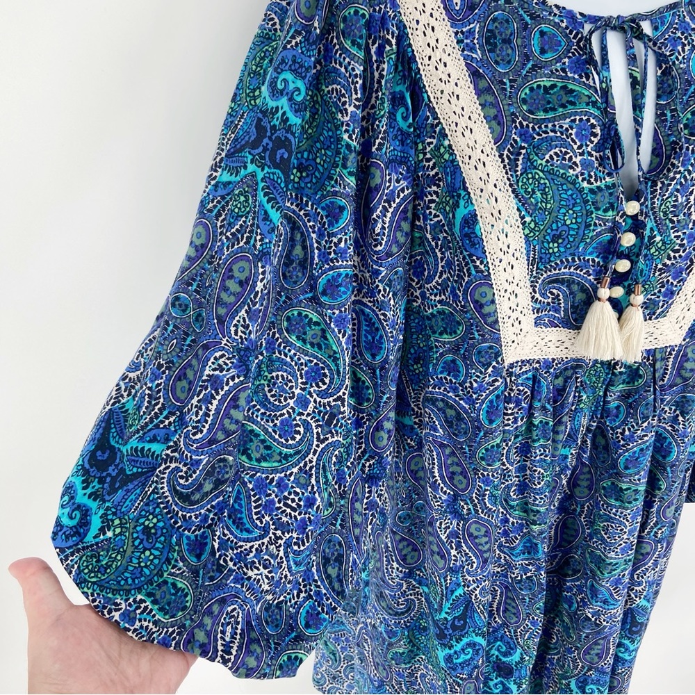 Anthropologie Lissa Boho Crochet Lace Detail Paisley Print Puff Sleeve Romper XS - Picture 7 of 16